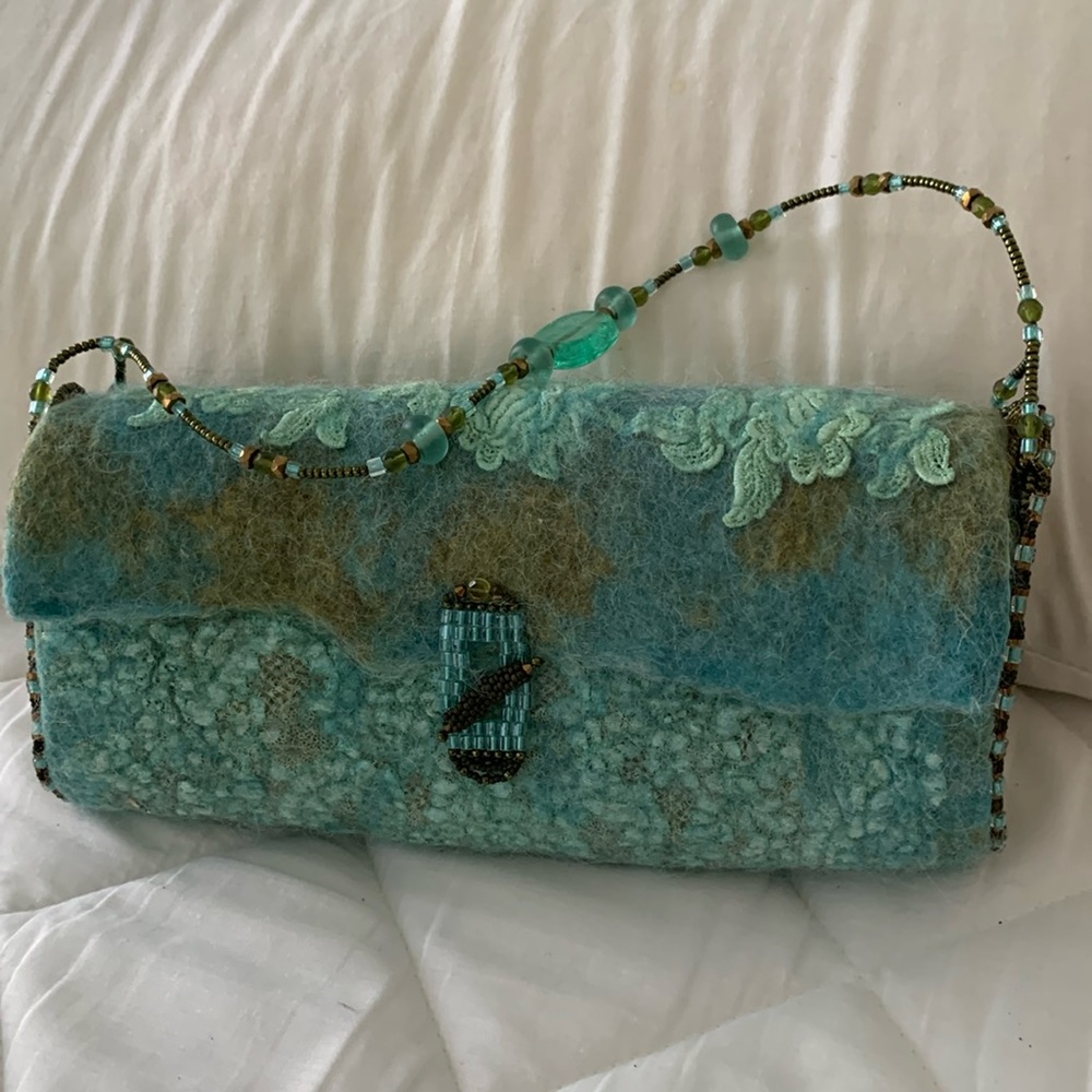 Handmade Art Purse Turquoise Felted Beaded